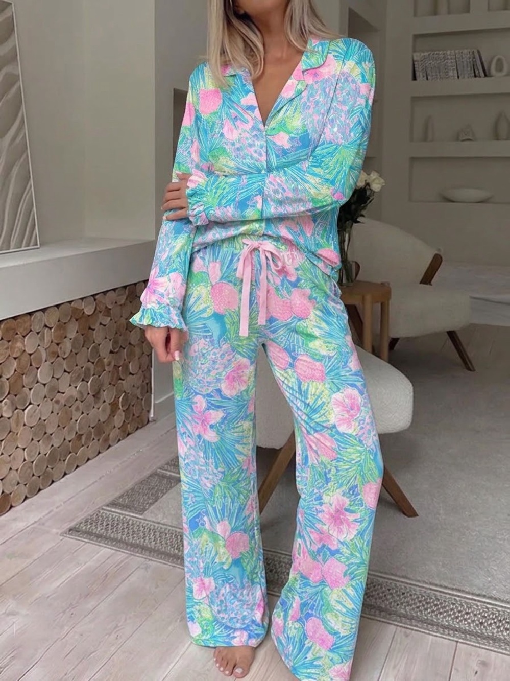Lilly Pulitzer Ruffle Pajama Set Swizzle In Print Size Small Tropical Lounge